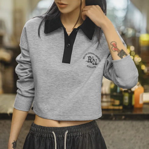 Premium Women's Retro Polo Sweatshirt – Embroidered Crop Pullover for Sporty Streetwear Looks